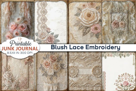 Blush Lace Embroidery Junk Journal Pages